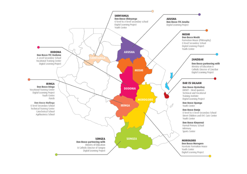 Map of Don Bosco Networks Tanzania centres across the country